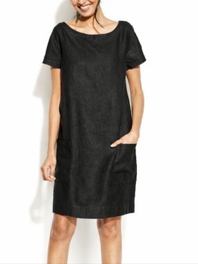 Eileen Fisher Black Linen Dress XS Oversized Fits S Minimalist Lagenlook Pocket